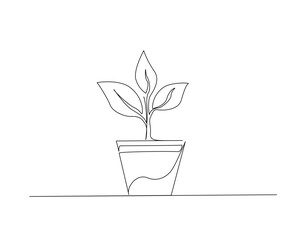 Plant on the pot outline drawing illustration. one continuous line drawing of house plant.