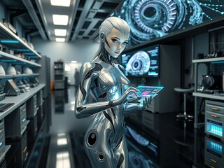 futuristic female cyber robot holdign a holographic screen in a tech inspired room