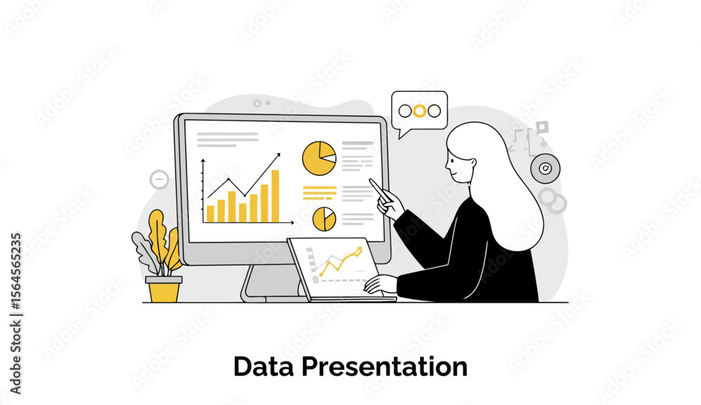 Aufkleber a young female professional in business attire presents data on a computer screen in an office setti