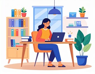 Fototapeta premium Woman working from home, comfortably seated at her desk using a laptop, surrounded by books and plants.