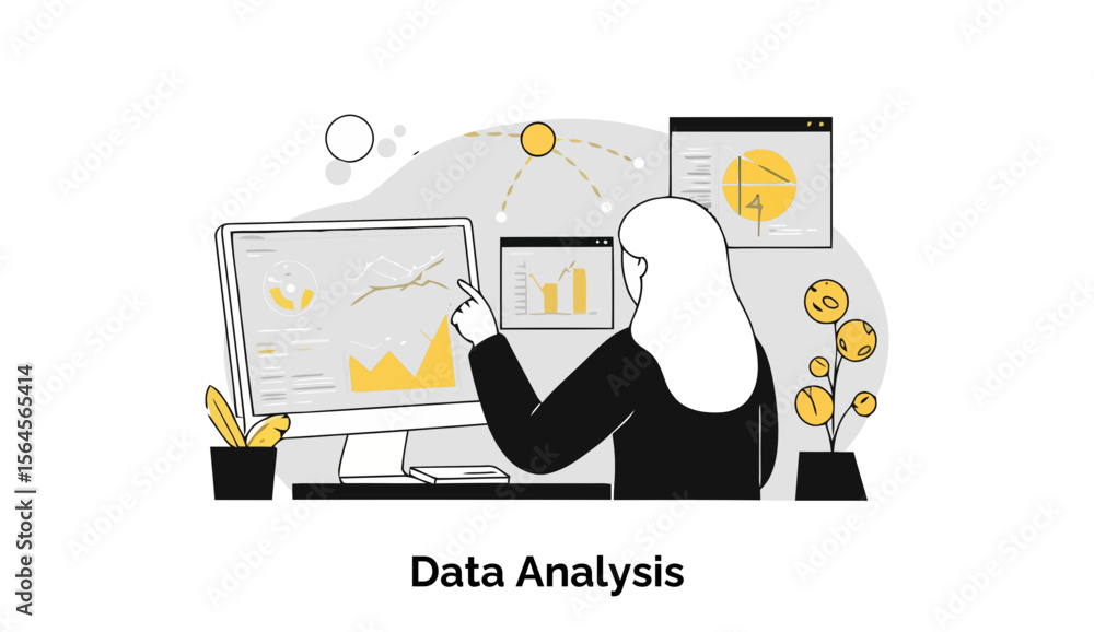 Poster female data analyst reviewing multiple graphs on a computer screen in an office setting. woman in bu