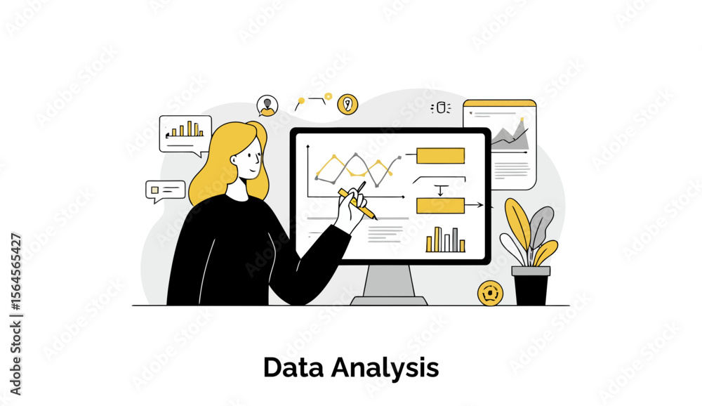 Poster young woman in black clothing analyzing data on a computer screen with charts and graphs. female dat