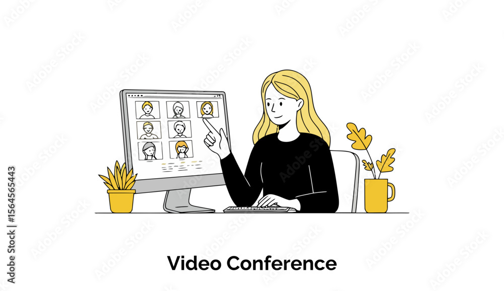 Poster young woman in black attire participating in a video conference at a desk. pointing at a computer sc