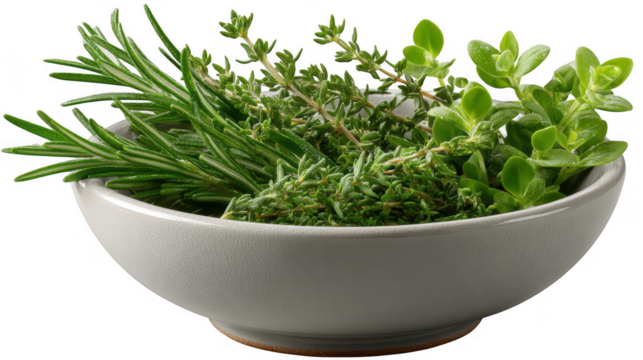 Illustration of fresh herbs in bowl isolated on transparent background
