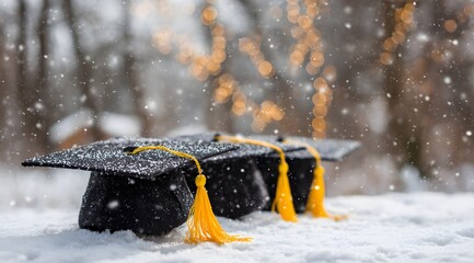 Graduation Caps Amidst Winter's Snowy Embrace