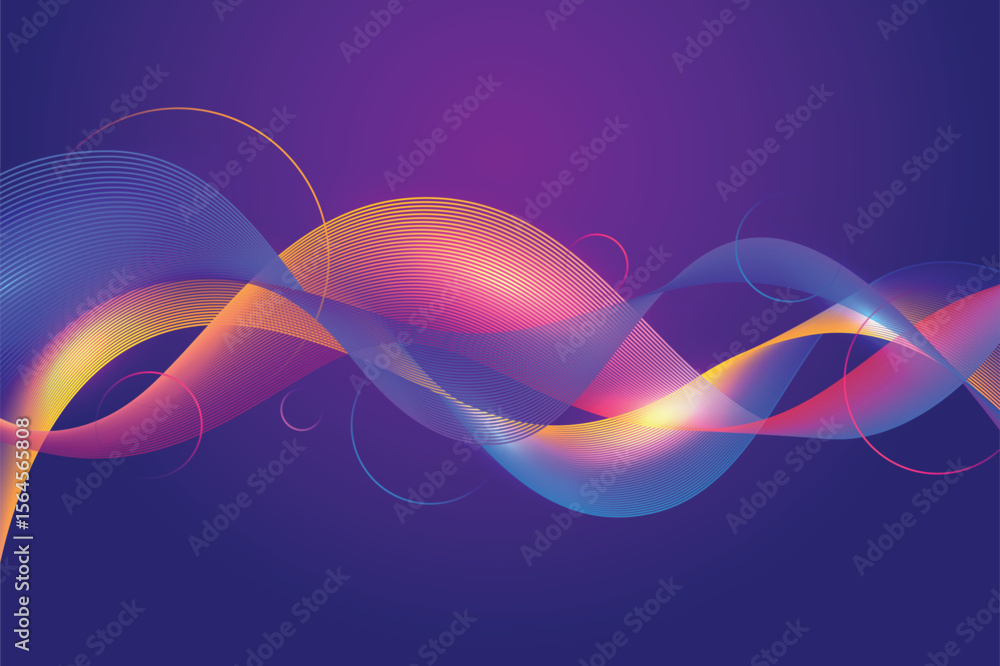 Poster abstract wavy lines with colorful gradient on a purple background isolated on transparent background