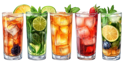 colorful cocktails in glasses on transparent background