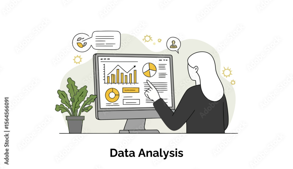 Poster female data analyst in business attire examining data on a computer screen in an office setting. pre
