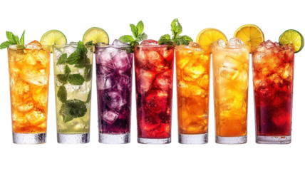 colorful cocktails in glasses on transparent background