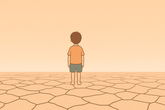 Lonely Child on Cracked Earth Landscape.
A child stands alone on parched land, symbolizing climate anxiety and drought.

