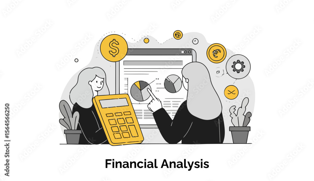 Poster female financial analysts reviewing financial data on a computer screen with calculator in modern of