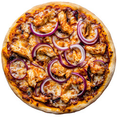 Delicious barbecue chicken pizza with red onions against a black backdrop