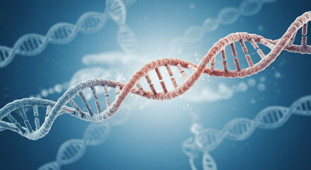 3D Rendering of DNA Helix Structure.
Colorful 3D DNA strands representing genetics, science, and biotechnology in blue background.
