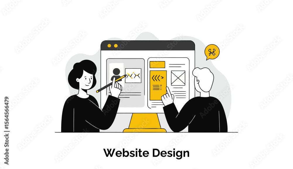 Poster female and male colleagues collaborating on website design project at a modern office. they are revi