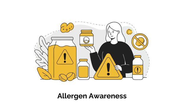 Young woman holding a food jar, highlighting allergen awareness in a domestic setting. Educating on food allergies with clear warning signs.