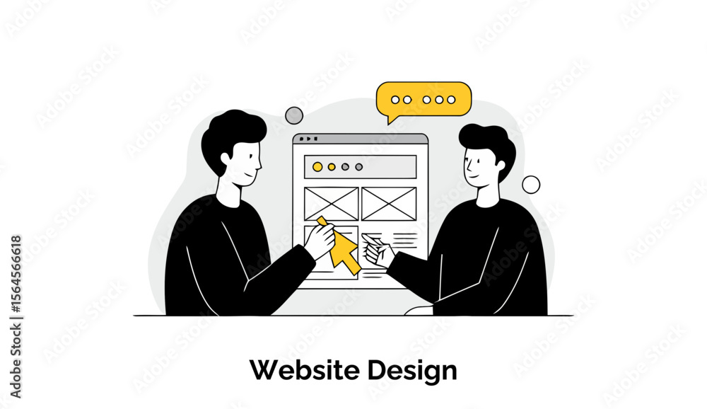 Poster young male website designers in casual wear discussing website design elements at a shared workspace