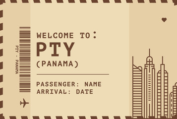 Welcome to Panama card template. Vector vintage style postcard illustration with airport code, skyline, flight info. Boarding pass, luggage tag style s image layout