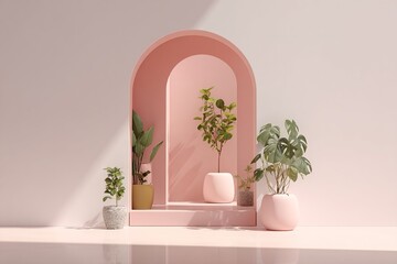 Minimalist, pastel-pink archway display with potted plants.  Soft, rounded forms create a serene aesthetic. High quality