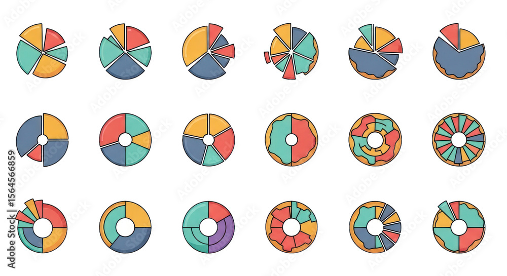 Poster collection of colorful pie chart icons representing data analysis and business statistics on transpa