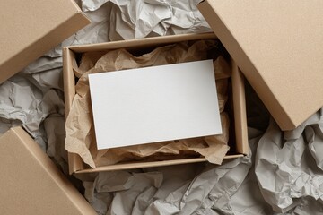Blank card inside nested cardboard boxes on crumpled paper. High quality
