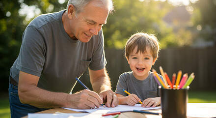 Grandpa and grandson coloring outdoors