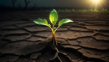 Seedling Growing Through Cracked Earth with Glowing Energy Roots – Symbol of Life, Power, and Renewal