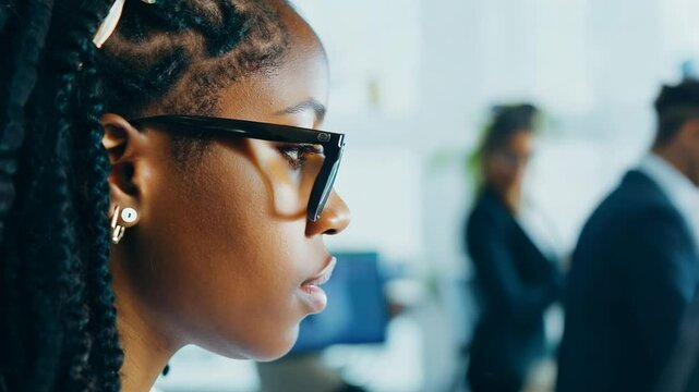 Young African American woman with multi colored dread locks in front of laptop monitor in office. The woman&rsquo;s expressions reflect her commitment to excellence and productivity.
