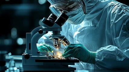 Scientist in protective suit working with a microscope in a laboratory setting for research work done - Powered by Adobe