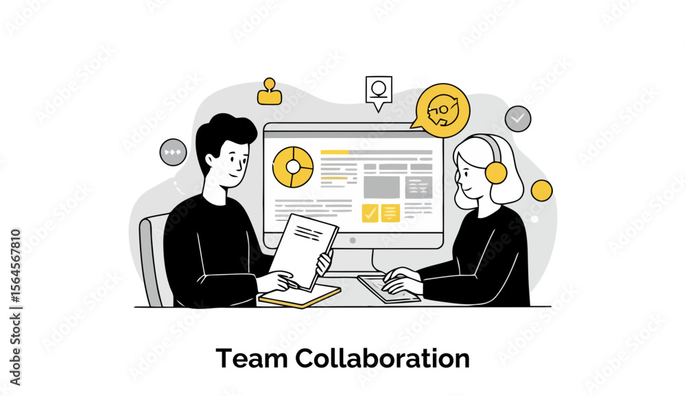 Poster young adults collaborating on a project at a shared workstation. two colleagues reviewing documents 