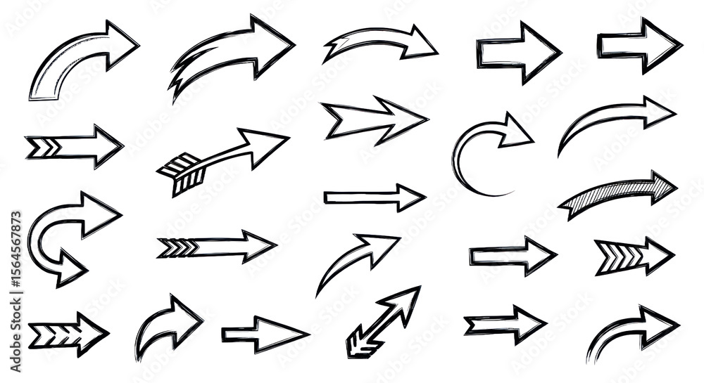Poster collection of sketched arrow illustrations pointing in various directions with white lines on dark b
