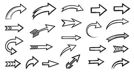 Collection Of Sketched Arrow Illustrations Pointing In Various Directions With White Lines On Dark Background Isolated Transparent Background