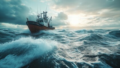 Photo of a ship drifting in the middle of the sea with big waves. Old boat or ship drifting in the middle of the sea. Sea with big waves