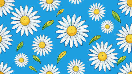 Charming daisy pattern with smiling faces on a bright blue background