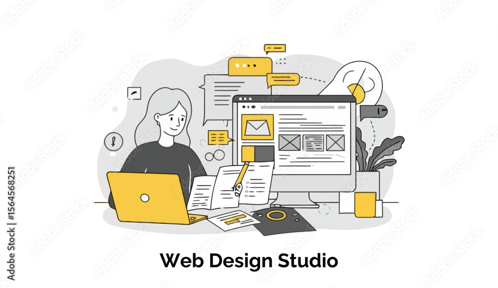 Poster female web designer working at a computer in a web design studio. concentrated on design concepts wi
