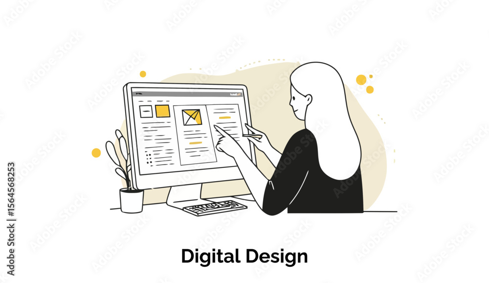Poster female graphic designer reviewing digital design elements on a computer screen in a home office sett
