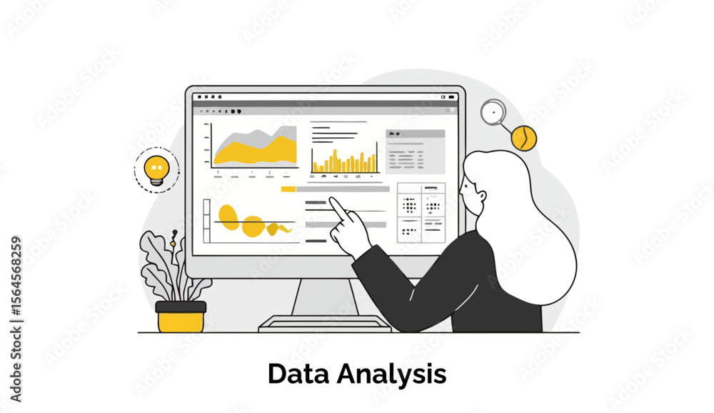 Poster female professional in business attire examining data on a computer monitor in a modern office setti