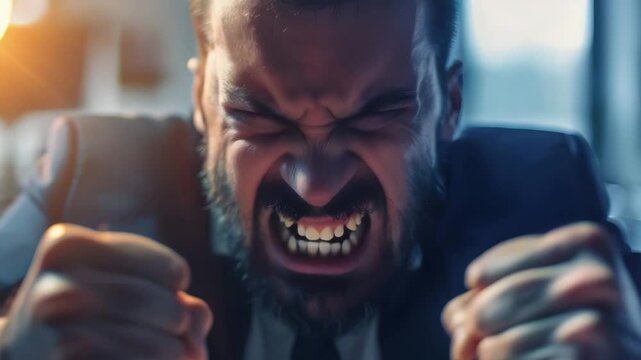 Angry man shouting with clenched fists showing intense frustration and rage in close up emotional beard portrait indoors expressing raw emotion