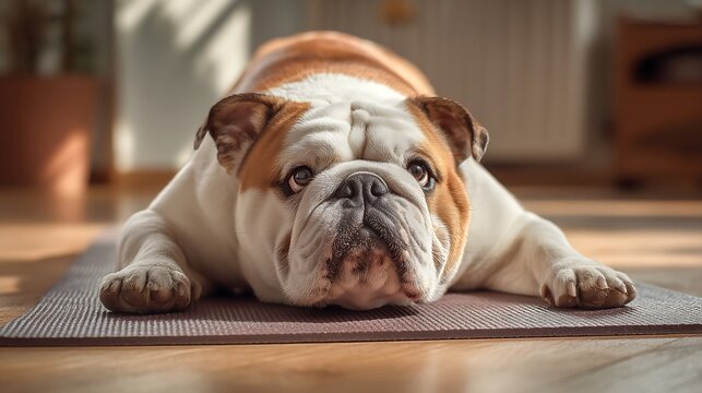 Bulldog doing yoga pose on mat looking focused. Concept of relaxation and humor.
 - Powered by Adobe