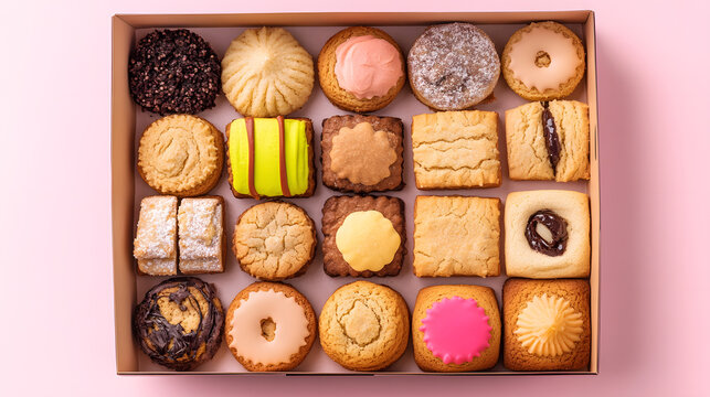 Box of assorted cookies featuring various shapes and flavors on pastel pink background