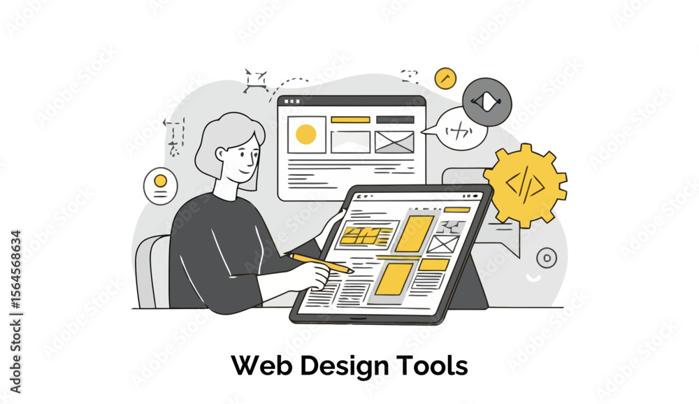 Aufkleber young woman web designer using tablet with website design tools in modern office setting. concentrat