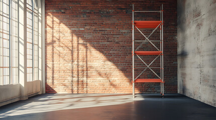 Brick wall under construction with scaffolding stands in sunlit room, casting shadows on floor