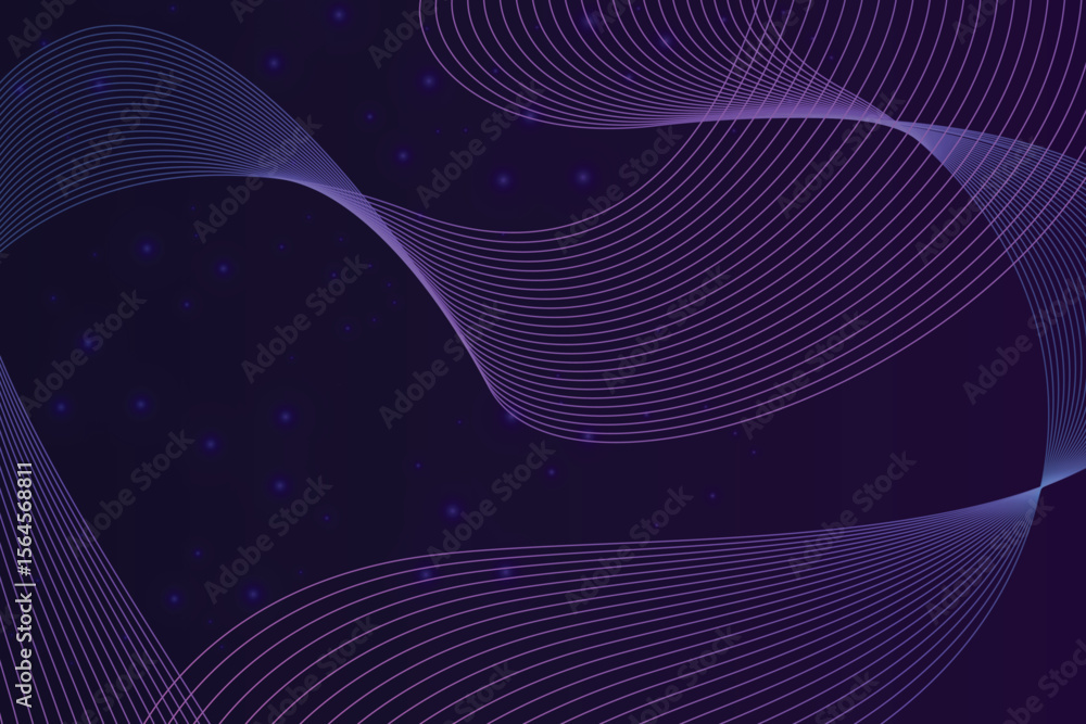 Poster abstract dark purple background with wavy lines and glowing particles isolated on transparent backgr