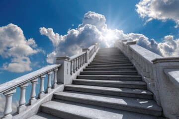 staircase ascending into a sky filled with soft fluffy clouds, disappearing into a glowing light above