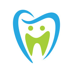 Cheerful tooth logo with blue outline and green smile dental happy