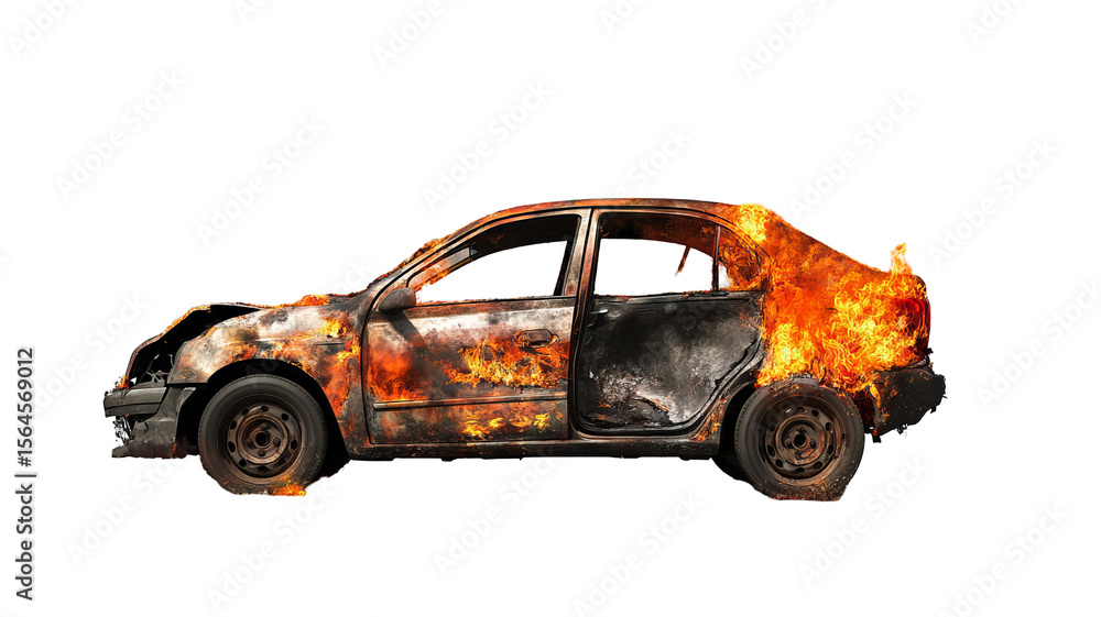 Aufkleber high-resolution coupe engulfed in intense engine fire with extensive crash damage isolated on transp