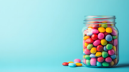 Glass jar filled with colorful candies sits on blue background, creating vibrant and cheerful scene