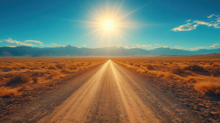 bright sunlight shining on a long desert road, wide desert landscape with sandy dunes 