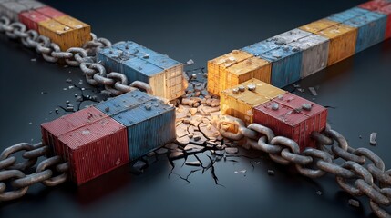 Broken Supply Chain illustrated by disconnected shipping containers and cut links. Concept of disruption and crisis.

