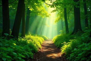 Obraz premium Sun-Dappled Forest Trail Magical Mystical Atmosphere, Lush Green Foliage, Perfect for Adventure and Fantasy Stock Photo