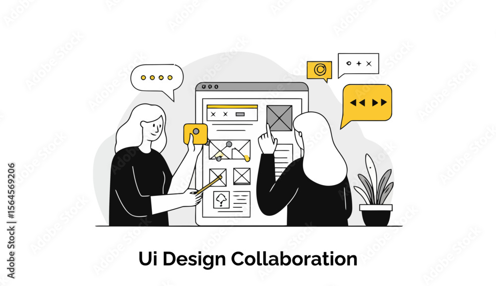 Poster two female ui/ux designers are working together, sketching wireframes on a whiteboard and discussing